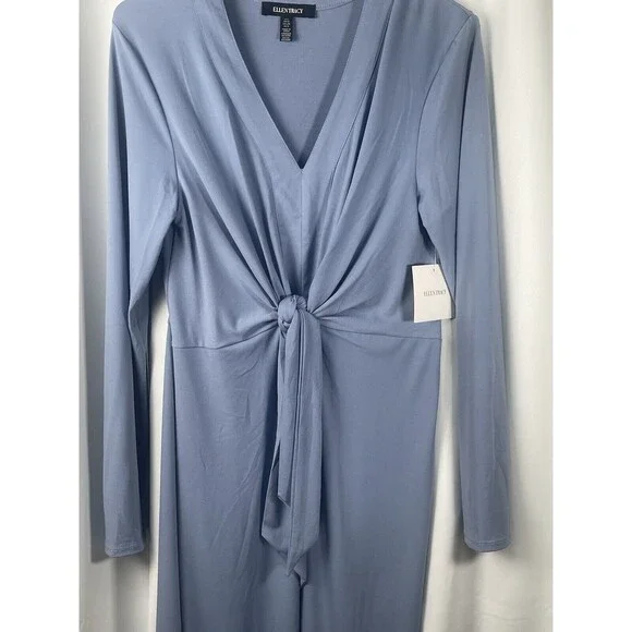 Ellen Tracy Long Sleeve B-Neckline Tie Waist Dress In Dusk Blue Sz L New